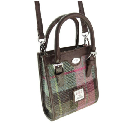 Mini Tote Bag "Keltie" i Harris Tweed - Muted Green &amp; Rose Pink Tartan