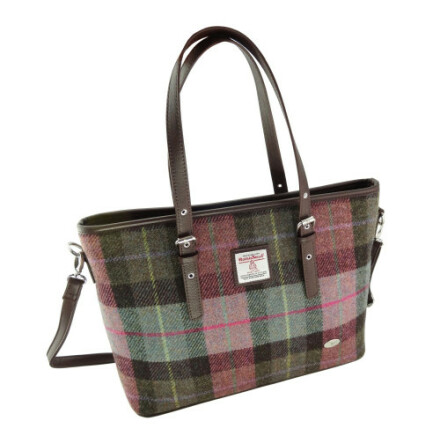 Tote Bag "Spey" i Harris Tweed - Muted Green &amp; Rose Pink Tartan