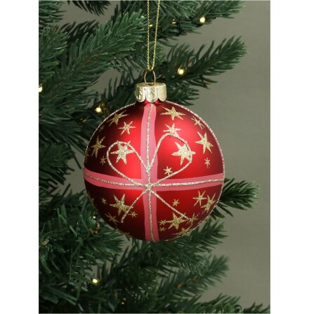 Matt Red with Gold Glitter Stars &amp; Bow - Julgransdekoration