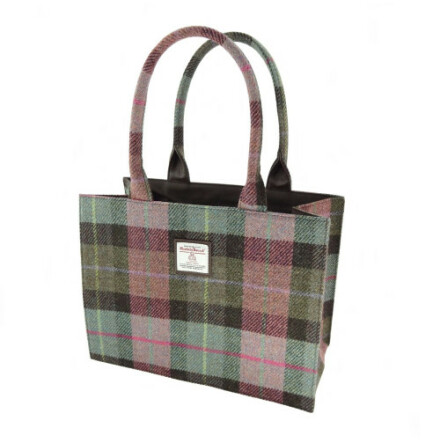 Tote Bag "Glencoe" i Harris Tweed - Muted Green &amp; Rose Pink Tartan