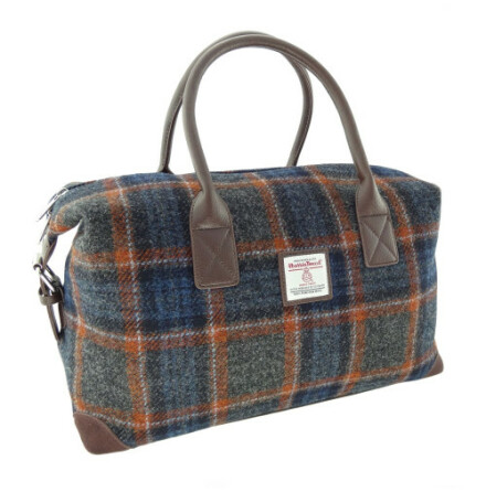 Overnight Bag &quot;Esk&quot; i Harris Tweed - Grey with Rust Overcheck