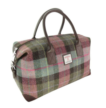 Overnight Bag &quot;Esk&quot; i Harris Tweed - Muted Green &amp; Rose Pink Tartan