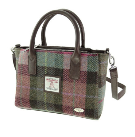 Tote Bag &quot;Brora&quot; i Harris Tweed - Muted Green &amp; Rose Pink Tartan